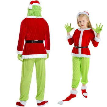 Рождественский Зеленый Санта-Клаус Монстр Косплей Костюм для Взрослых Детская Вечеринка Аниме Одежда Новый Год Забавная Маска Перчатки Костюм