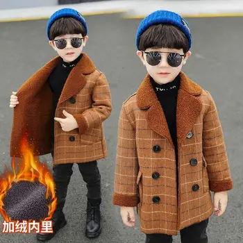 2023 Осень-зима, шерстяное пальто в клетку для мальчиков, двубортный отложной воротник, плюшевая теплая детская одежда в корейском стиле 3-10 лет