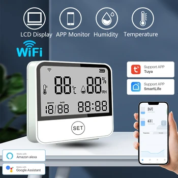 Tuya WIFI Датчик температуры и влажности, внутренний гигрометр, термометр, детектор, Поддержка приложения Smart Life, Alexa, Google Home