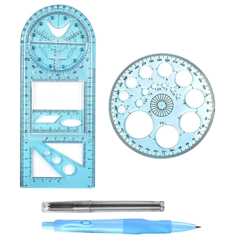 Многофункциональная геометрическая линейка, шаблон геометрического рисунка, измерительный инструмент для школьного офиса с карандашом