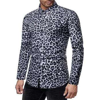 2023 Мужская сексуальная рубашка с леопардовым принтом, модная мужская рубашка для ночного клуба, вечеринки, выпускного вечера, тонкие гавайские рубашки с длинным рукавом