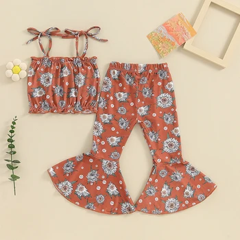 Комплект одежды для маленьких девочек, укороченная майка без рукавов с цветочным принтом и завязками, расклешенные брюки, комплект летней одежды
