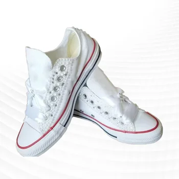 Белая парусиновая обувь с лентой и низким верхом, Удобная обувь для уличной стрельбы, Вулканизированная обувь с жемчугом ручной работы 35-46
