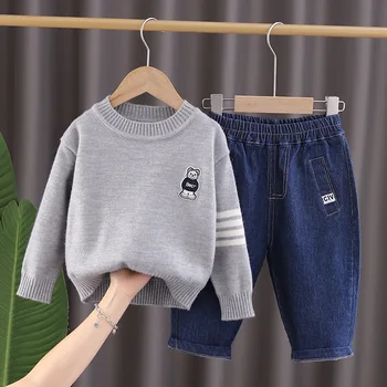 Бутик одежды для маленьких мальчиков 2023 Весна Осень Повседневные мультяшные серые свитера и джинсы с длинными рукавами Детский комплект одежды для маленьких мальчиков