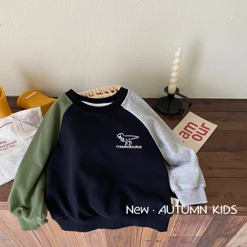 Весенне-осенняя хлопковая контрастная толстовка с динозавром для малышей и мальчиков, спортивный джемпер для школьников, пальто, детская одежда, пуловеры, топы от 1 до 9 лет