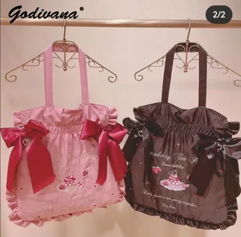 Японская сумочка для вечеринки в стиле Лолиты Лиз с клубникой Для девочек, большая вместительная сумка через плечо с мультяшными буквами и бантом, женские модные сумки-тоут