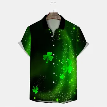 Мужская рубашка, Блузки в честь Ирландского национального праздника, Рубашки с коротким рукавом в честь Дня Святого Патрика, Зеленые летние топы с отворотом, Hombre Clover camisas