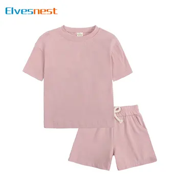 Модная однотонная детская одежда для девочек, летние комплекты одежды для маленьких мальчиков, хлопковые топы с короткими рукавами + шорты, детская одежда