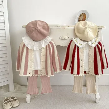 Новый осенний детский кардиган для малышей, милая вязаная куртка в полоску, топы для маленьких девочек