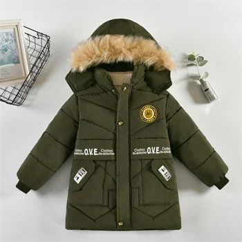 Зимняя хлопчатобумажная куртка для мальчиков 3-8 лет, утепленное пальто с меховым воротником, верхняя одежда на молнии с буквенным принтом, детская осенняя одежда, новинка