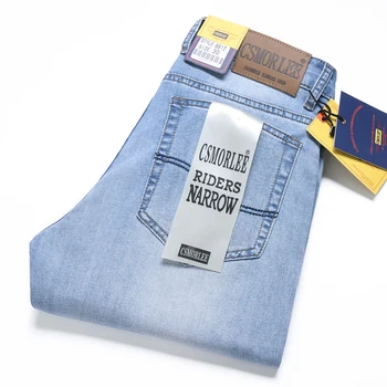Весенние мужские классические деловые джинсы, приталенная прямая рабочая одежда, светло-голубые джинсовые брюки 2024 года, модные повседневные брюки, мужская одежда
