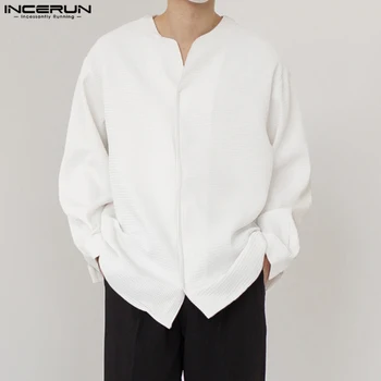 INCERUN Топы 2023, Корейский стиль, Новые Мужские ретро-пуловеры, рубашки с V-образным вырезом, Повседневная уличная одежда, мужская однотонная блузка с длинными рукавами S-5XL