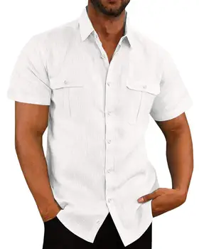 Летняя простая рубашка Мужская однотонная хлопчатобумажная кардиган из конопли с коротким рукавом, мужская рубашка со свободным отворотом