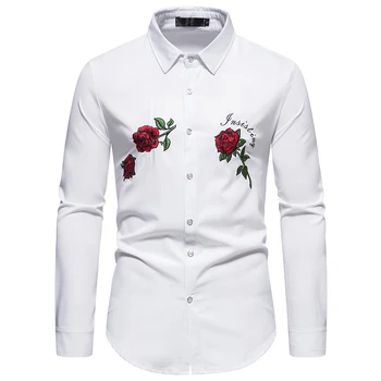 2023 Новая рубашка, рубашка с вышивкой розы, повседневная приталенная мужская рубашка с длинным рукавом