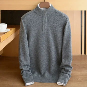 Утолщенный свитер из чистого кашемира, мужская застежка-молния, половина горловины, однотонный пуловер среднего возраста, повседневный теплый свитер