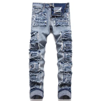 2023 Новая мода Мужские Панк Рваные джинсы Уличная одежда Хип-хоп Синие дырявые джинсовые брюки в стиле пэчворк Тонкие прямые брюки
