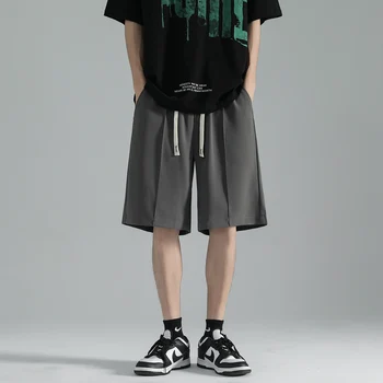 Летние мужские шорты Ice Silk с драпировкой, комплект из пяти штанов, шорты, повседневная Японская свободная уличная одежда, Спортивные шорты для бега на шнурке.
