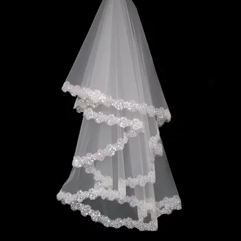 Свадебная фата Cusotm из тюля белого цвета и слоновой кости с модными блестками по краю для новобрачных Дешево.