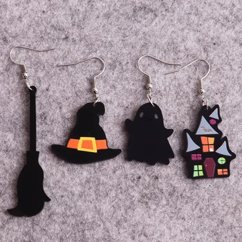 Акриловые серьги в виде черной шляпы ведьмы и метлы на Хэллоуин для женщин, Забавные асимметричные серьги в виде замка Призрак Бу, Милые ювелирные подарки