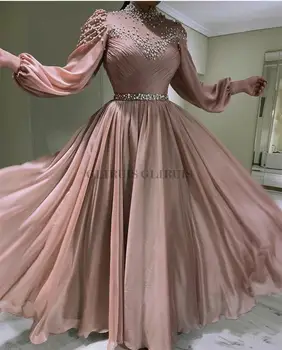 Длинные шифоновые вечерние платья розового цвета с поясом, Официальное вечернее платье трапециевидной формы с высоким воротом длиной до пола