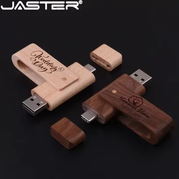JASTER Вращающиеся Деревянные USB-Флешки 128 ГБ 2 в 1 TYPE-C Флеш-Накопитель 64 ГБ Бесплатный Пользовательский Логотип Memory stick 32 ГБ Креативный подарок