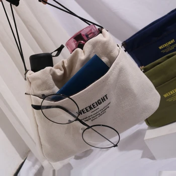 Повседневная холщовая сумка Простая практичная сумка для хранения Портативная косметичка с завязками Сумки с буквенным принтом Сумки через плечо для покупателей