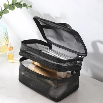 Портативная дорожная 2-слойная косметичка-органайзер, прозрачная складная сетчатая сумка для хранения на молнии, сумка для макияжа большой емкости
