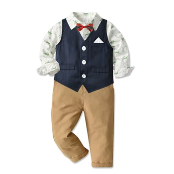Модный комплект одежды для мальчиков, Вечерние костюмы для мальчиков, хлопковый галстук-бабочка, рубашка с длинными рукавами + жилет + брюки, 3 шт., детские костюмы для джентльменов