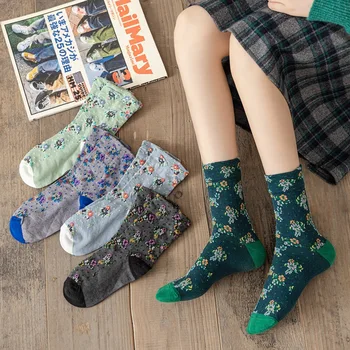 Женские носки с цветочной вышивкой в стиле Харадзюку, Винтажная уличная одежда в этническом стиле, Длинные носки, женская Японская мода Для девочек, Милые носки Каваи