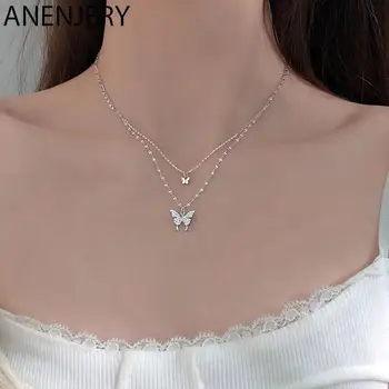 ANENJERY серебристого цвета Блестящее ожерелье-бабочка для женщин Двухслойное ожерелье-ключица с блестящей цепочкой Ювелирные изделия S-N173