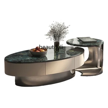 Журнальный столик из натурального мрамора, Светлая гостиная, Роскошная комбинация овальных размеров, Чайный столик из суперкристаллического камня