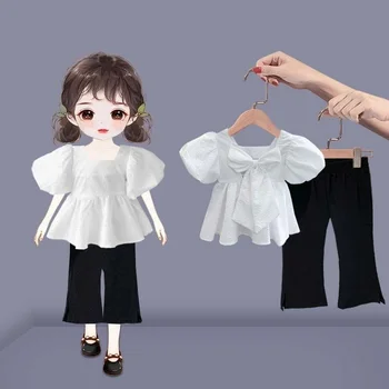 Новый модный комплект для девочек на лето 2023 с топом-бантом в стиле западной принцессы и расклешенными брюками из двух предметов