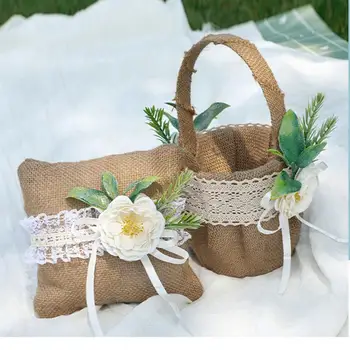 Портативная винтажная льняная корзина с цветами, кольцевая подушка с цветами для романтической свадебной церемонии