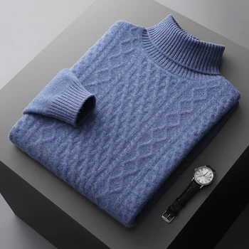осенне-зимняя новинка, мужской двухнитевой плотный жаккардовый пуловер из 100% мериносовой шерсти, с высоким воротом, свитер, вязаная нижняя рубашка