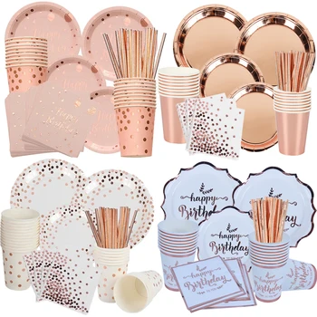 Розово-золотая праздничная посуда для взрослых, одноразовый набор тарелок для бумажных полотенец, украшение для вечеринки по случаю дня рождения, свадебная посуда