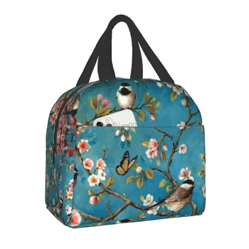 Милые птички, Цветущая вишня, Изолированная сумка для ланча, водонепроницаемый ланч-бокс с термоохлаждением Parrot Bird для женщин, работа в офисе, школа