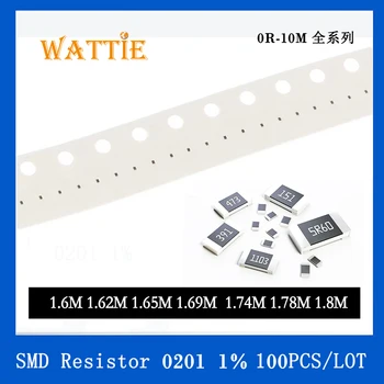 SMD резистор 0201 1% 1,6 М 1,62 М 1,65 М 1,69 М 1,74 М 1,78 М 1,8 М 100 шт./лот микросхемные резисторы 1/20 Вт 0,6 мм *0,3 мм