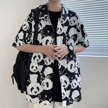 Милая рубашка с пандой, рубашка с рисунком панды, мужская летняя рубашка с принтом панды, повседневная уличная одежда свободного кроя, модная футболка с короткими рукавами