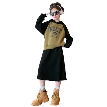 Детская одежда Корейские хлопковые толстовки с длинными рукавами, топ и длинная юбка, весенне-осенняя одежда для девочек-подростков 8 10 12 13 14 лет