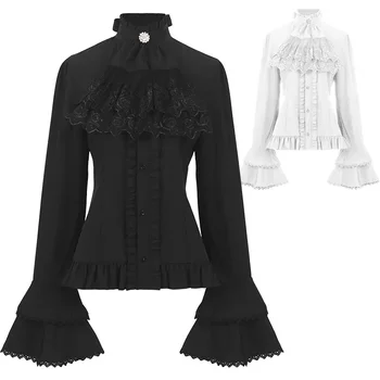 Женские белые кружевные рубашки с оборками, винтажные рубашки в стиле вампирского ренессанса, викторианский стимпанк, готическая средневековая рубашка, костюм на Хэллоуин