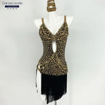 Платье для латиноамериканских танцев высокого класса с леопардовым принтом на подтяжках, юбка с разрезом на хвосте, женское профессиональное платье для взрослых танго