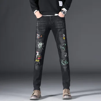 Индивидуальность, Рваные джинсовые брюки с заплатками, мужские джинсы-стрейч в стиле хип-хоп, повседневные прямые ковбойские брюки, мужские