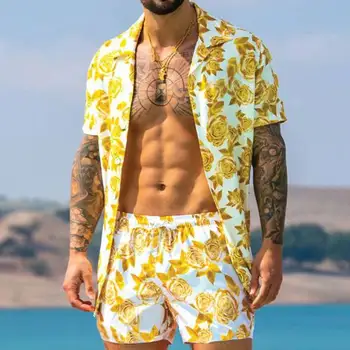 Модная новая пляжная мужская летняя рубашка с геометрическим принтом, повседневная дышащая рубашка с коротким рукавом, пляжные шорты, мужской комплект из двух предметов