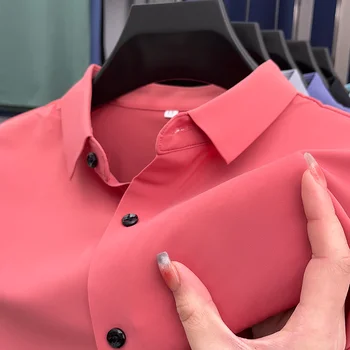 Высококачественная Летняя Бесшовная Мужская рубашка с лацканами Из Ледяного Шелка, футболка, Однотонный Дизайнерский Деловой Повседневный Новый Топ С Короткими рукавами M-4XL