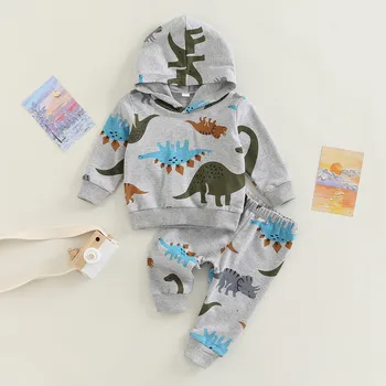 Комплекты брюк для новорожденных мальчиков, одежда для малышей, осенне-зимняя одежда, толстовка с капюшоном и рисунком динозавра из мультфильма, толстовка с капюшоном и брюки