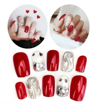 24шт накладных ногтей серебристо-красного цвета с квадратной головкой, накладные кончики ногтей с блестящим бриллиантовым клеем Love Heart Crystal