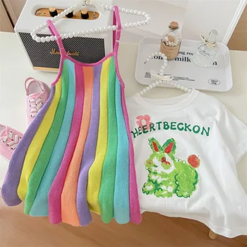 Корейская Летняя Детская одежда для маленьких девочек, футболка с милым кроликом 2023 года выпуска + Радужное трикотажное платье, комплект из 2 предметов, Кавайная юбка, Комплекты